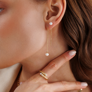 İnci Sallantılı Zincir Altın Küpe